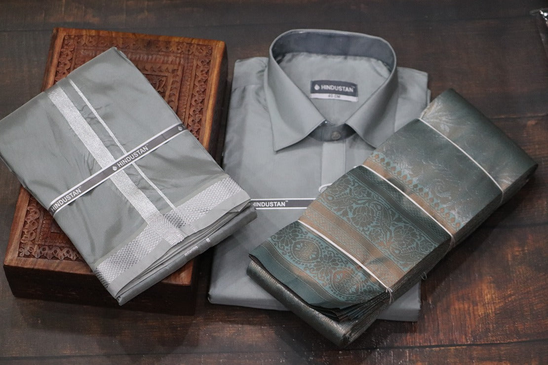 Raja Rani Readymade Steel Grey Shirt + 50k Silver Border & Saree Combo