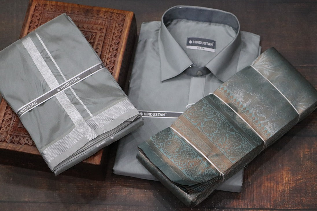 Raja Rani Readymade Steel Grey Shirt + 50k Silver Border & Saree Combo
