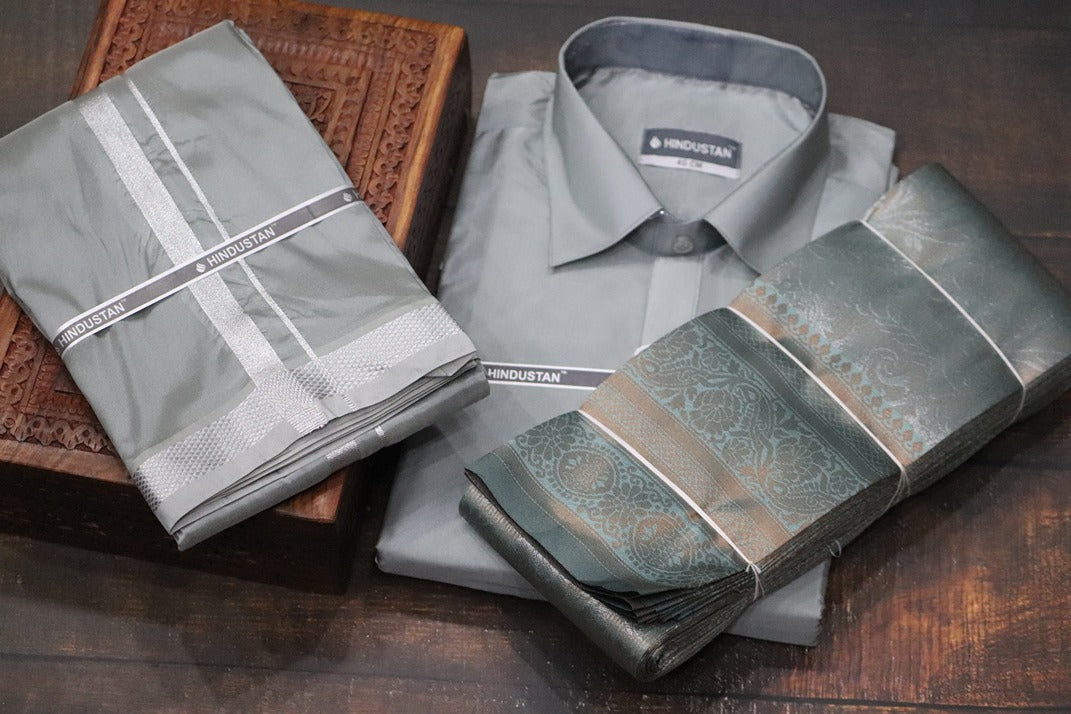 Raja Rani Readymade Steel Grey Shirt + 50k Silver Border & Saree Combo