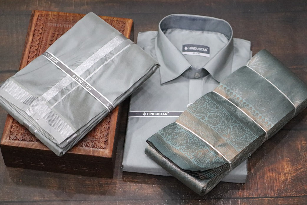 Raja Rani Readymade Steel Grey Shirt + 50k Silver Border & Saree Combo