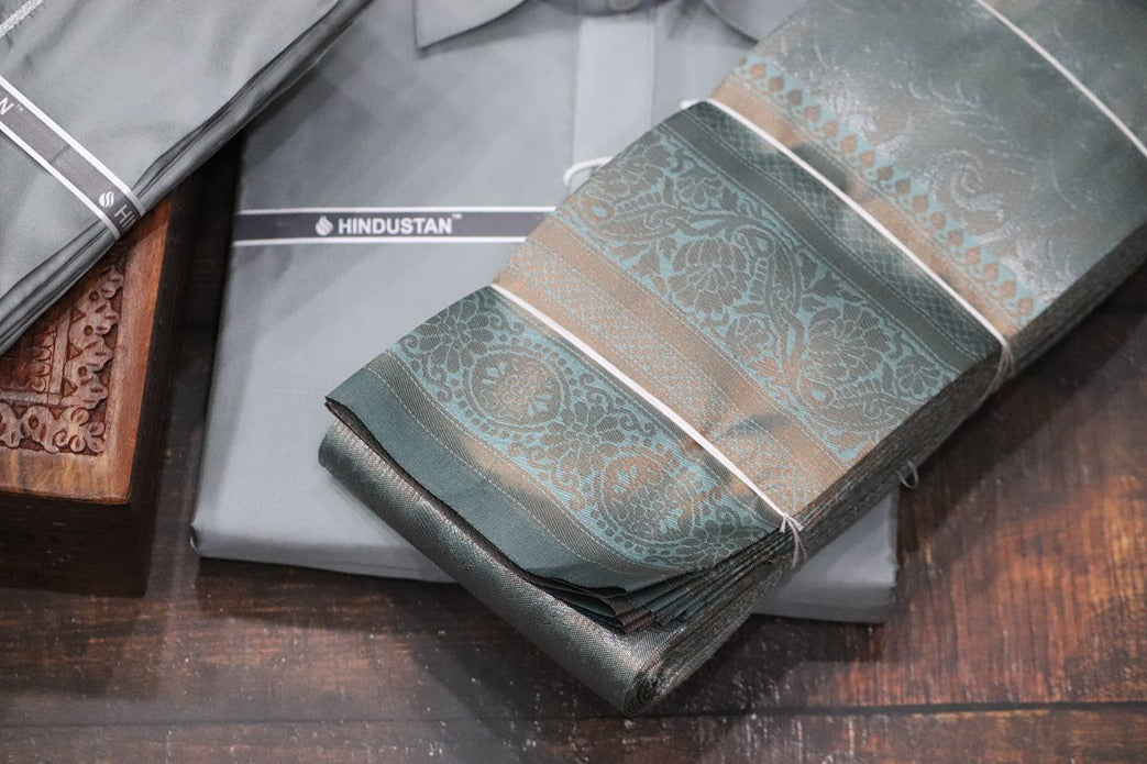 Raja Rani Readymade Steel Grey Shirt + 50k Silver Border & Saree Combo