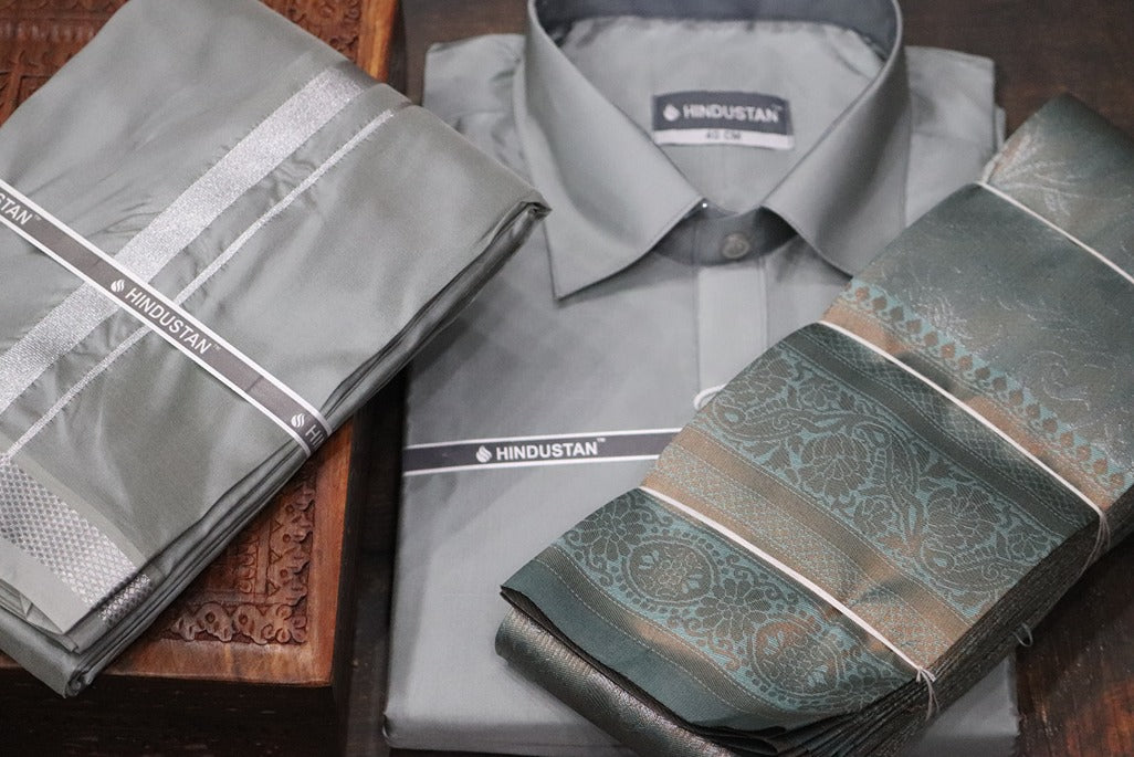 Raja Rani Readymade Steel Grey Shirt + 50k Silver Border & Saree Combo