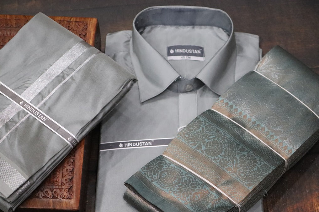 Raja Rani Readymade Steel Grey Shirt + 50k Silver Border & Saree Combo
