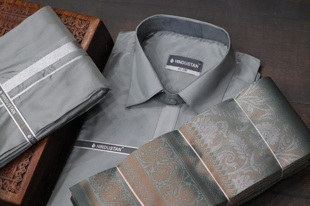 Raja Rani Readymade Steel Grey Shirt + 50k Silver Border & Saree Combo
