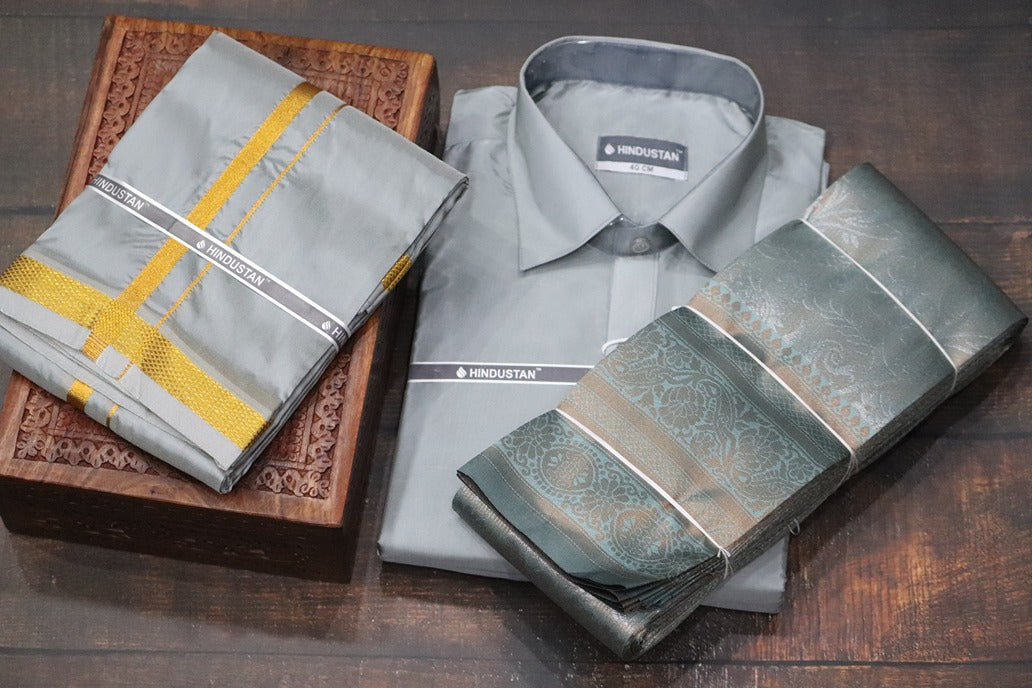 Raja Rani Readymade Steel Grey Shirt + 50k Gold Border & Saree Combo