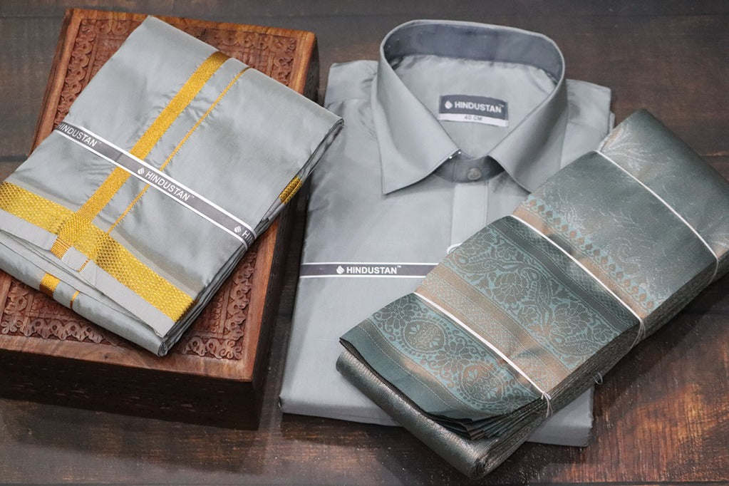 Raja Rani Readymade Steel Grey Shirt + 50k Gold Border & Saree Combo