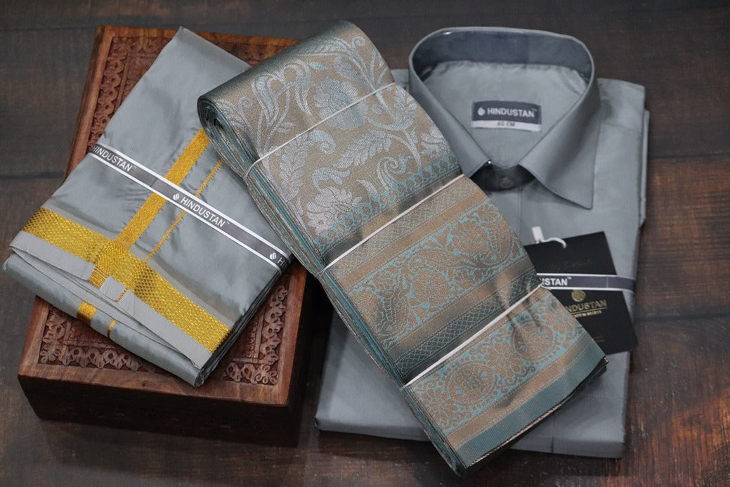 Raja Rani Readymade Steel Grey Shirt + 50k Gold Border & Saree Combo