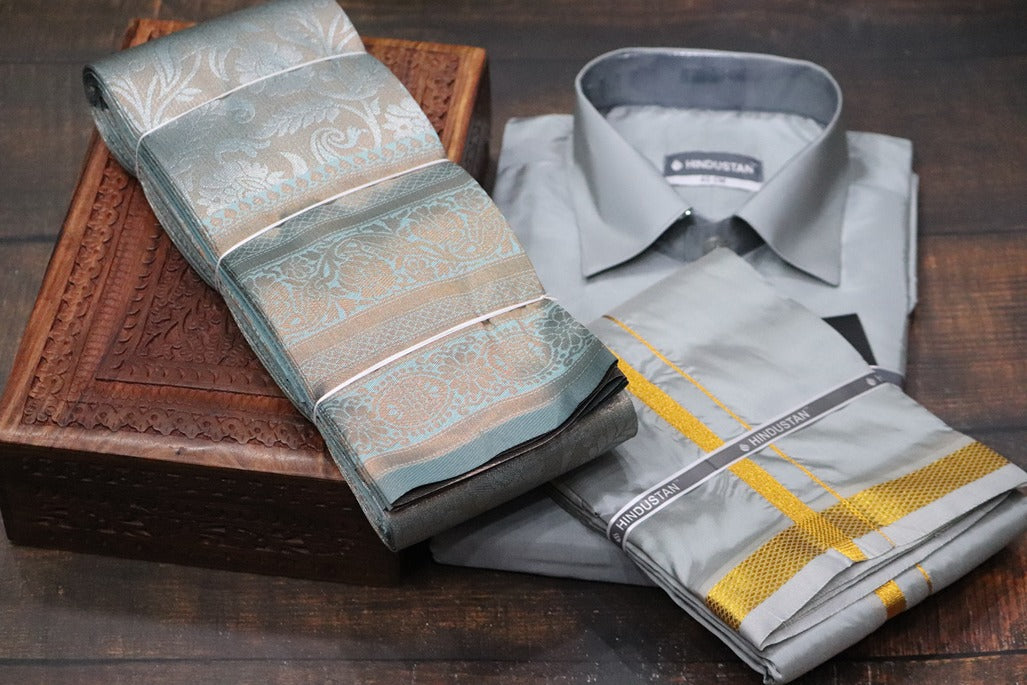 Raja Rani Readymade Steel Grey Shirt + 50k Gold Border & Saree Combo