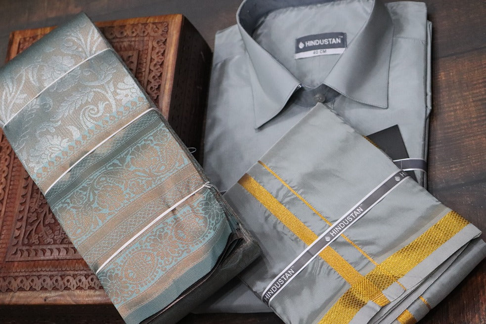Raja Rani Readymade Steel Grey Shirt + 50k Gold Border & Saree Combo