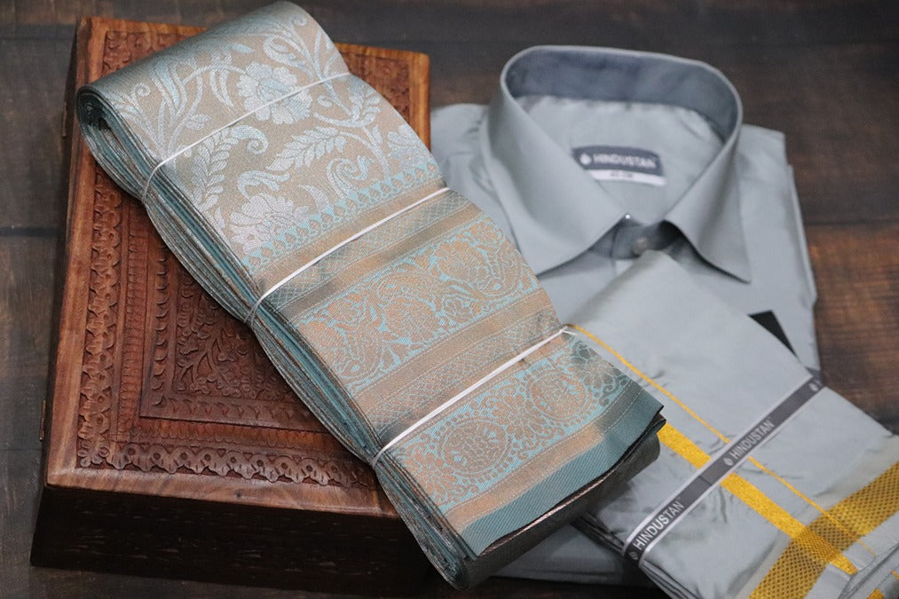 Raja Rani Readymade Steel Grey Shirt + 50k Gold Border & Saree Combo