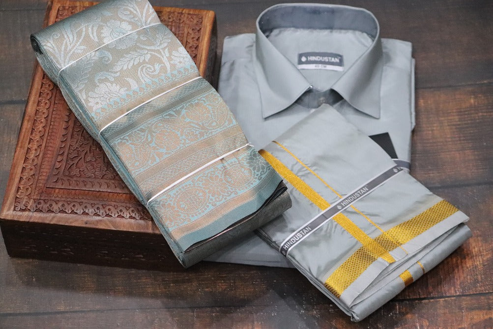 Raja Rani Readymade Steel Grey Shirt + 50k Gold Border & Saree Combo