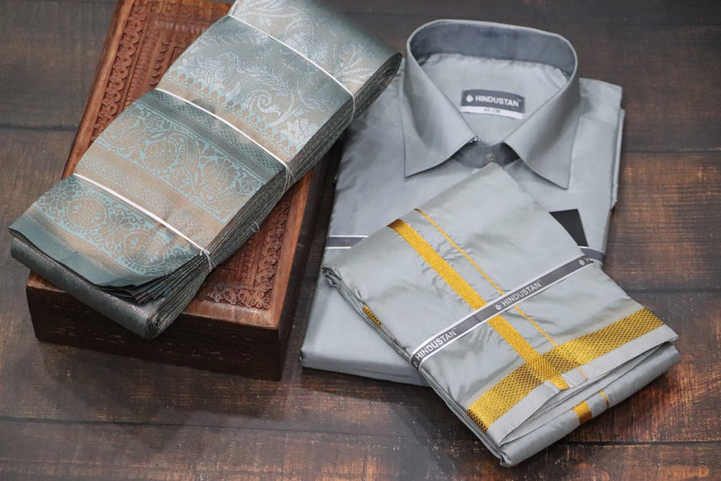 Raja Rani Readymade Steel Grey Shirt + 50k Gold Border & Saree Combo