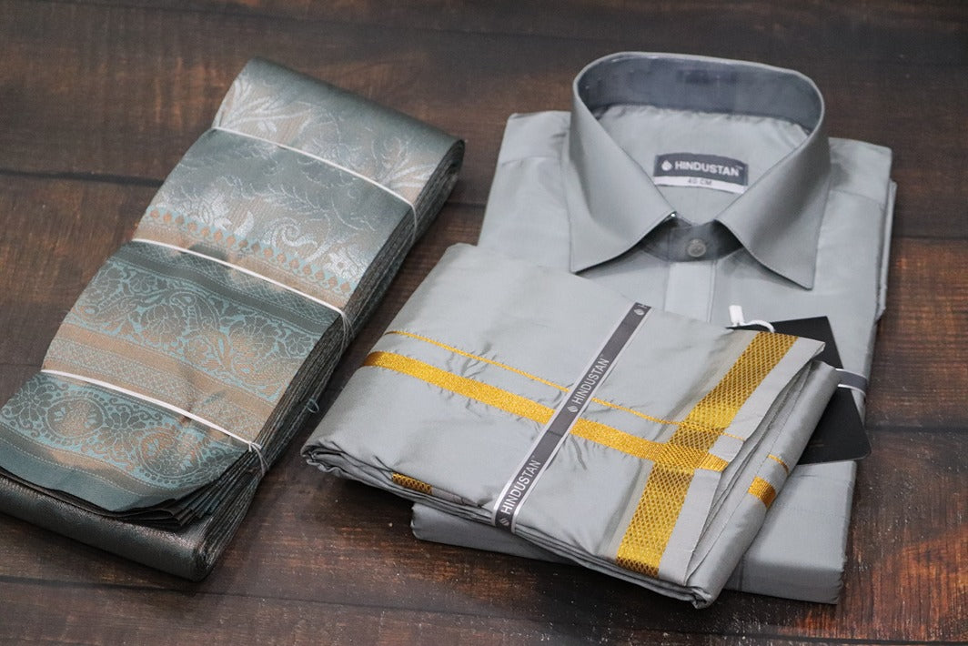 Raja Rani Readymade Steel Grey Shirt + 50k Gold Border & Saree Combo