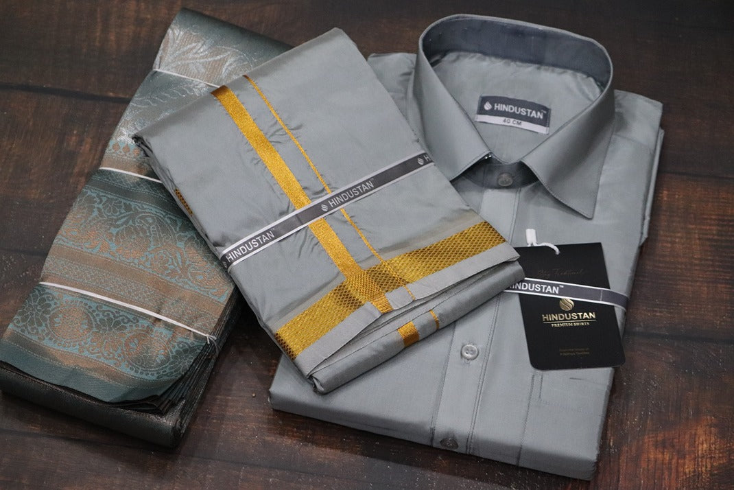 Raja Rani Readymade Steel Grey Shirt + 50k Gold Border & Saree Combo