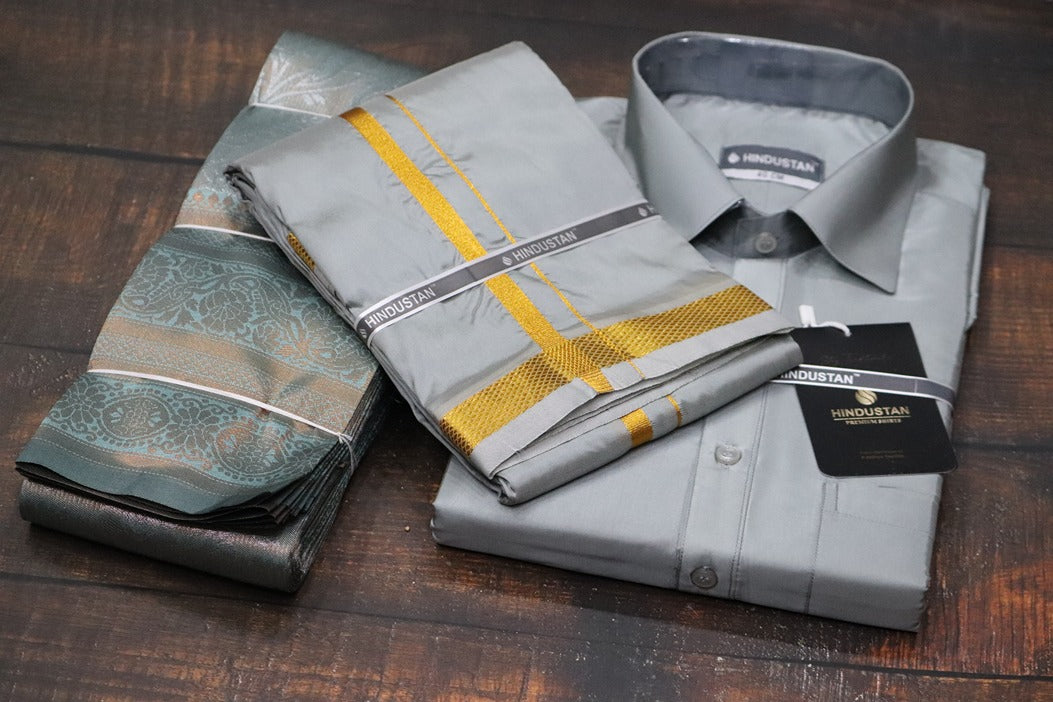 Raja Rani Readymade Steel Grey Shirt + 50k Gold Border & Saree Combo