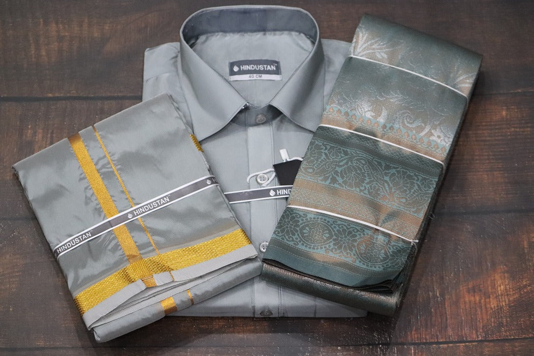 Raja Rani Readymade Steel Grey Shirt + 50k Gold Border & Saree Combo