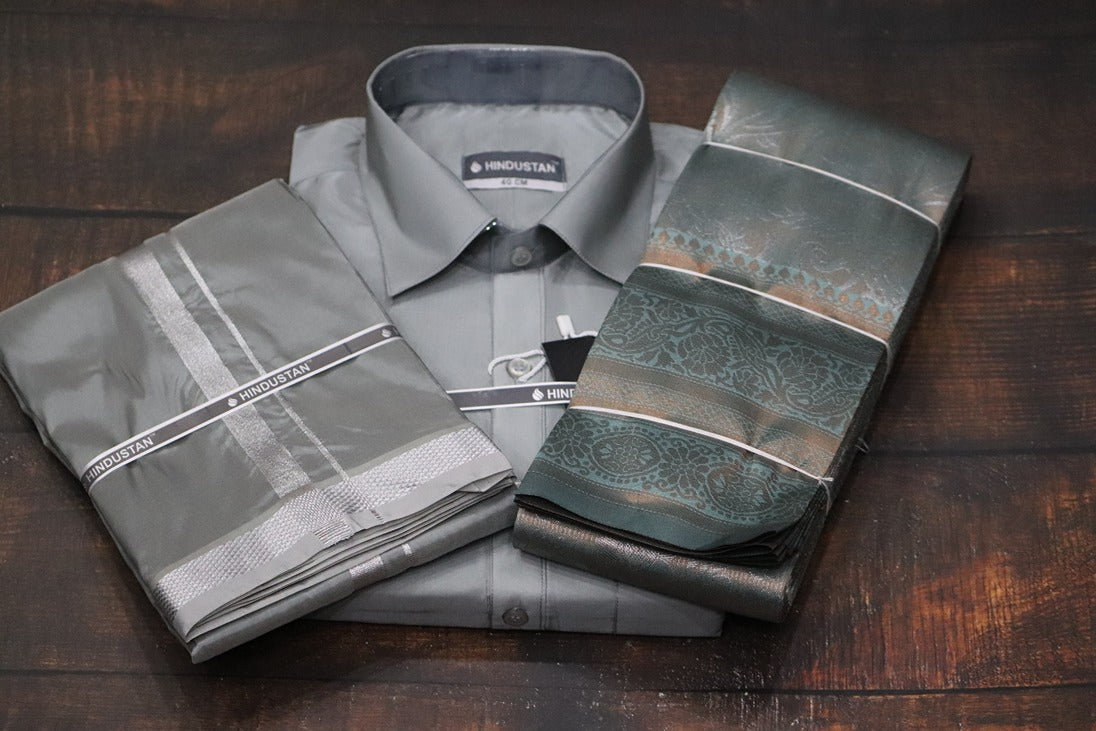 Raja Rani Readymade Steel Grey Shirt + 50k Silver Border & Saree Combo