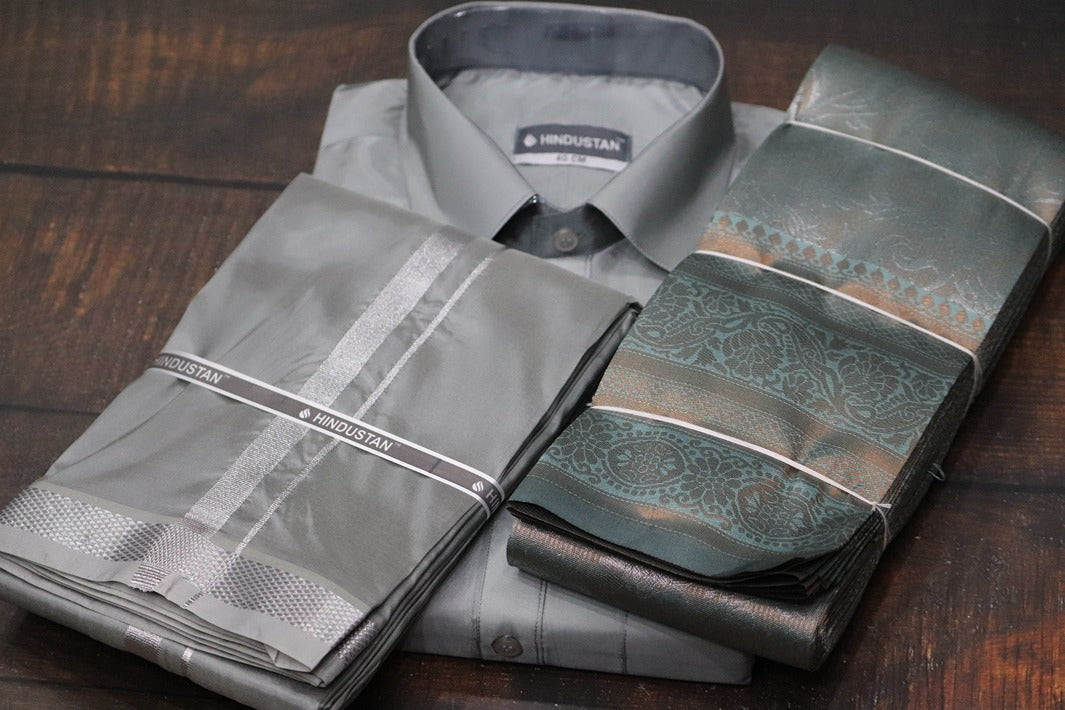 Raja Rani Readymade Steel Grey Shirt + 50k Silver Border & Saree Combo