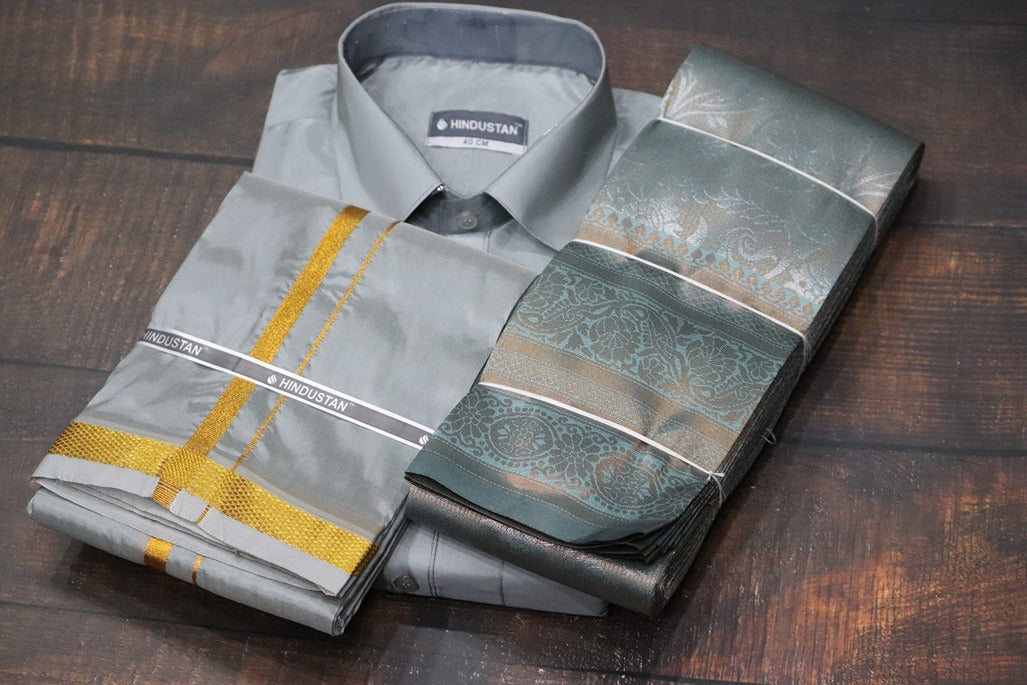 Raja Rani Readymade Steel Grey Shirt + 50k Gold Border & Saree Combo