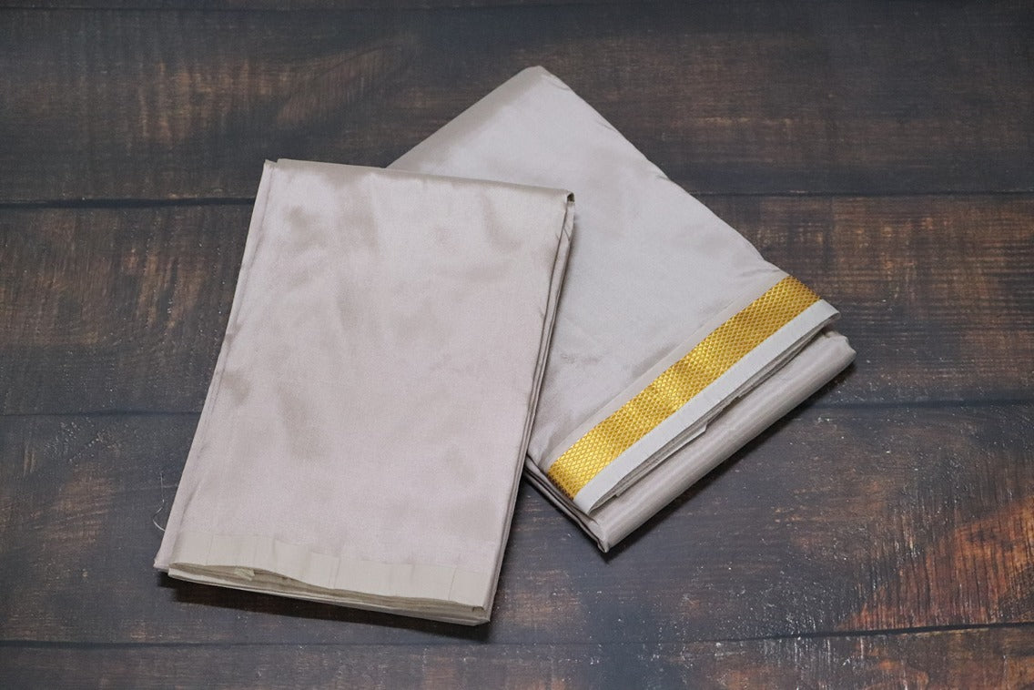Artsilk Starlight Grey Combo Set (Shirt Fabric+Dhoti) with Gold Border