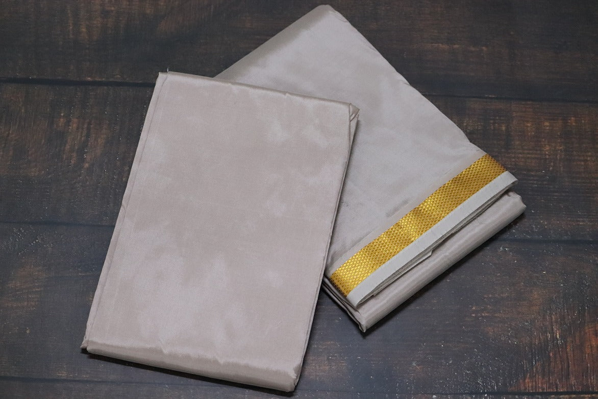 Artsilk Starlight Grey Combo Set (Shirt Fabric+Dhoti) with Gold Border