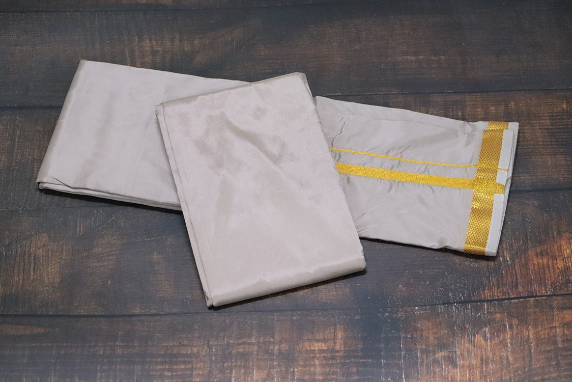Artsilk Starlight Grey Combo Set (Shirt Fabric+Dhoti) with Gold Border