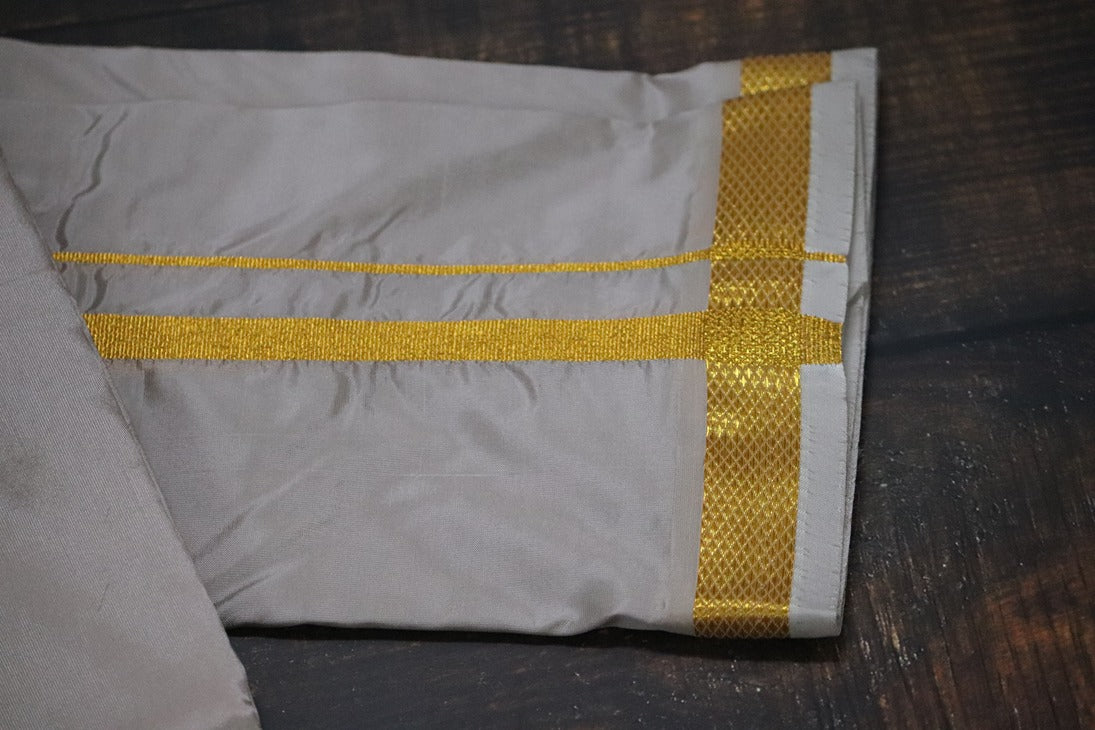 Artsilk Starlight Grey Combo Set (Shirt Fabric+Dhoti) with Gold Border