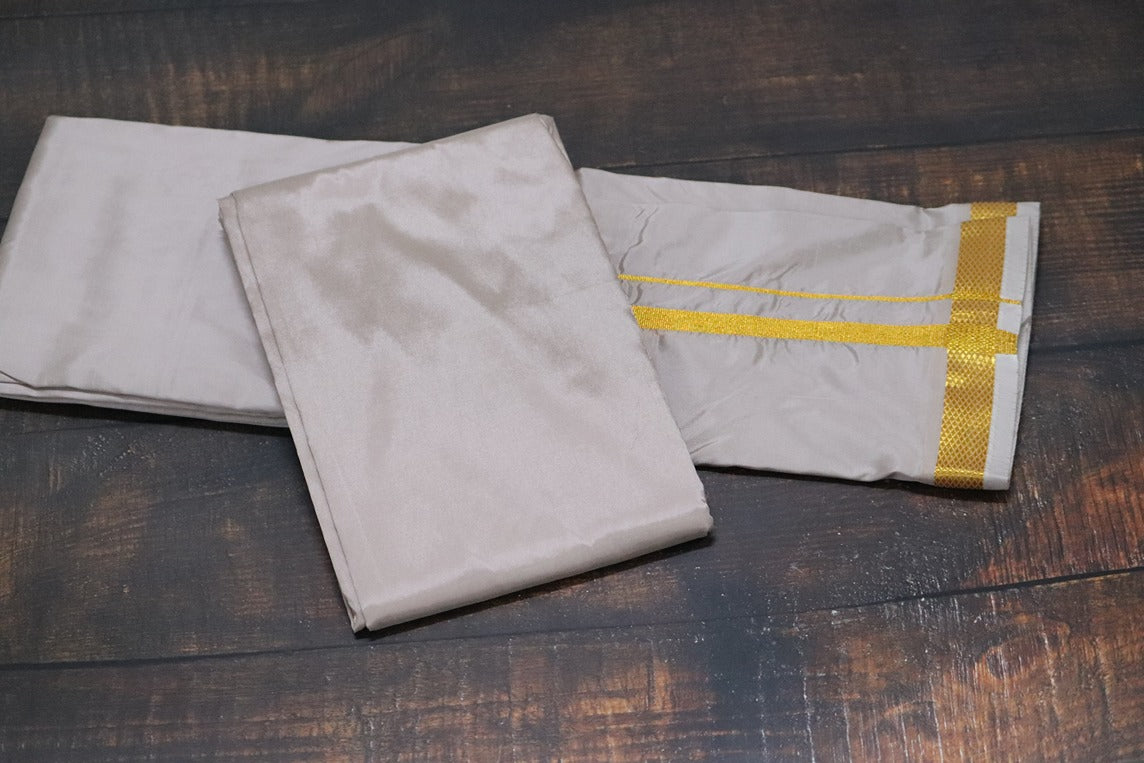 Artsilk Starlight Grey Combo Set (Shirt Fabric+Dhoti) with Gold Border