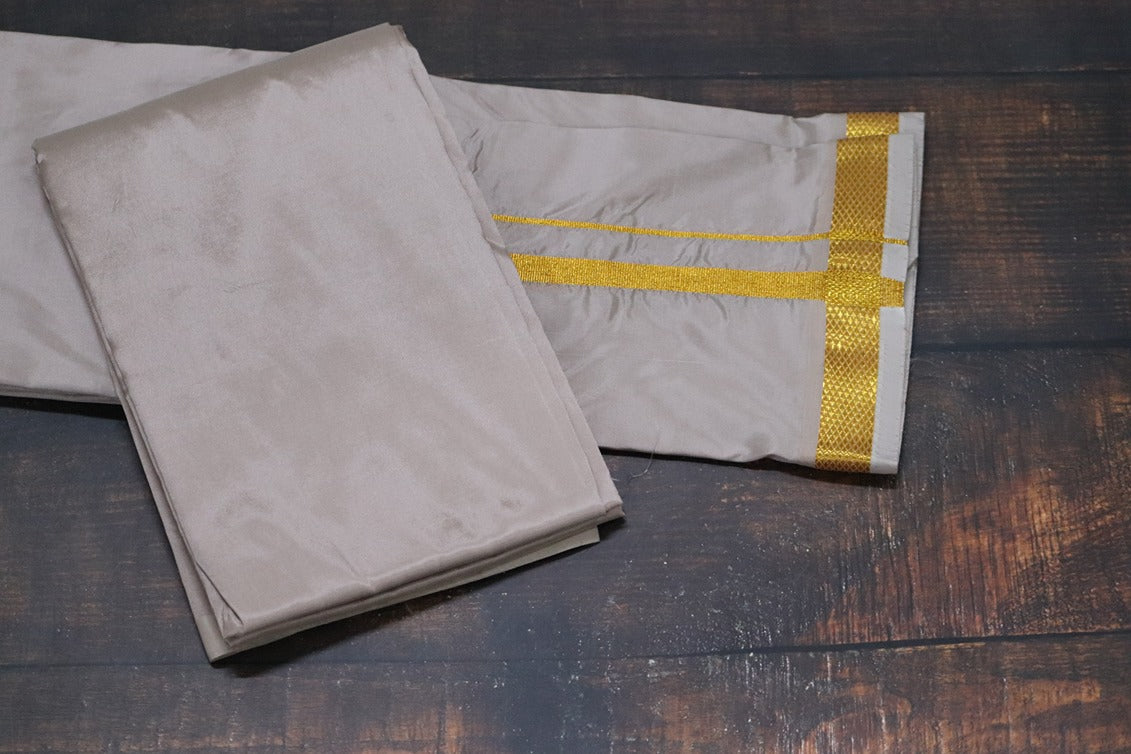 Artsilk Starlight Grey Combo Set (Shirt Fabric+Dhoti) with Gold Border