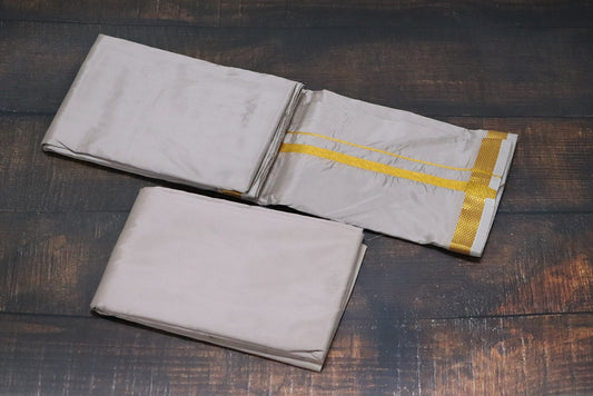 Artsilk Starlight Grey Combo Set (Shirt Fabric+Dhoti) with Gold Border