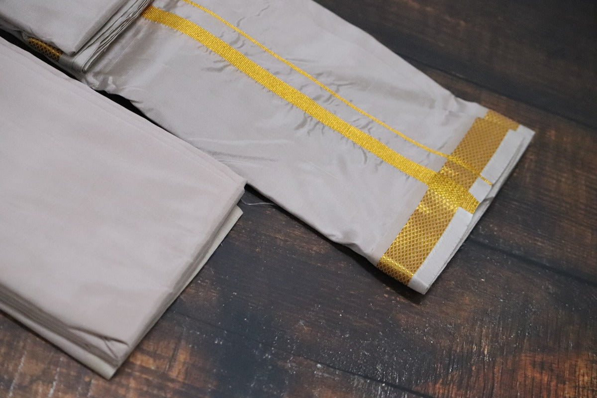 Artsilk Starlight Grey Combo Set (Shirt Fabric+Dhoti) with Gold Border