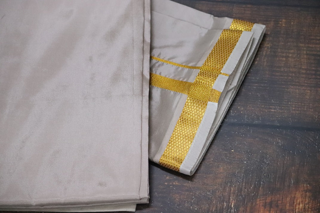 Artsilk Starlight Grey Combo Set (Shirt Fabric+Dhoti) with Gold Border