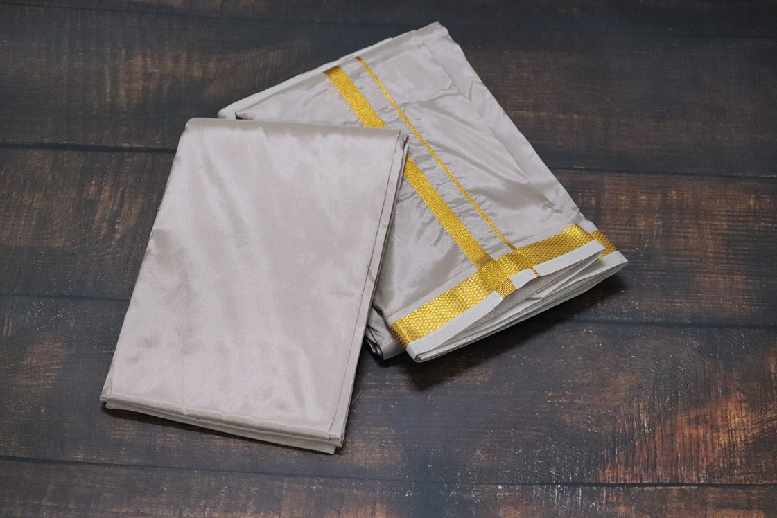 Artsilk Starlight Grey Combo Set (Shirt Fabric+Dhoti) with Gold Border
