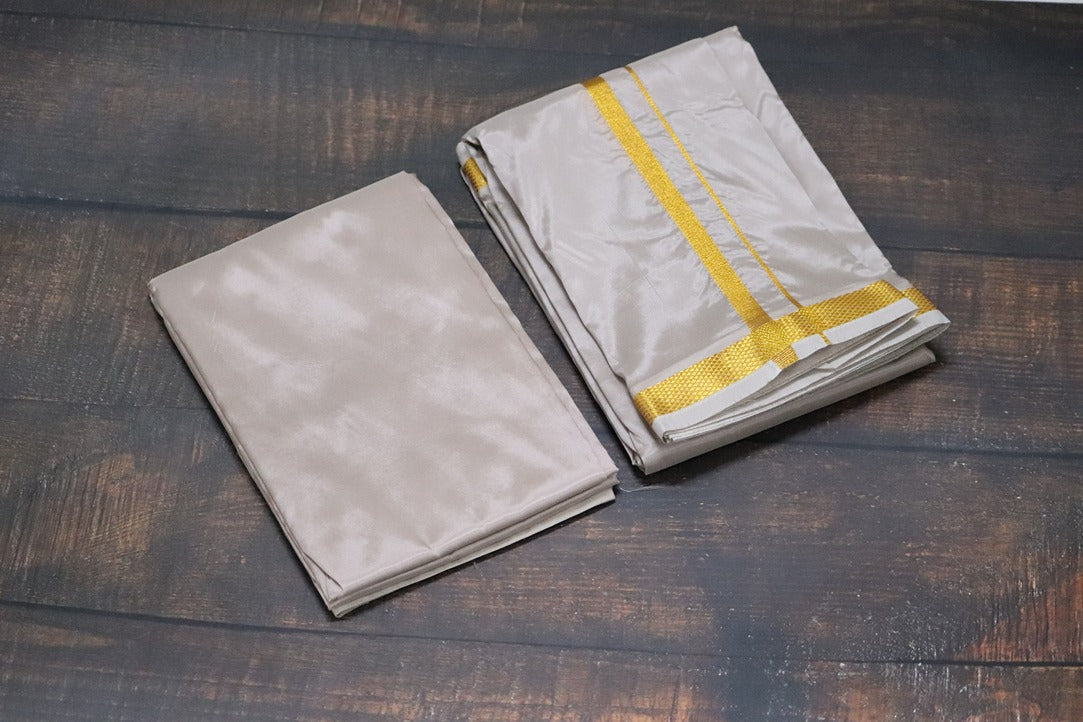 Artsilk Starlight Grey Combo Set (Shirt Fabric+Dhoti) with Gold Border