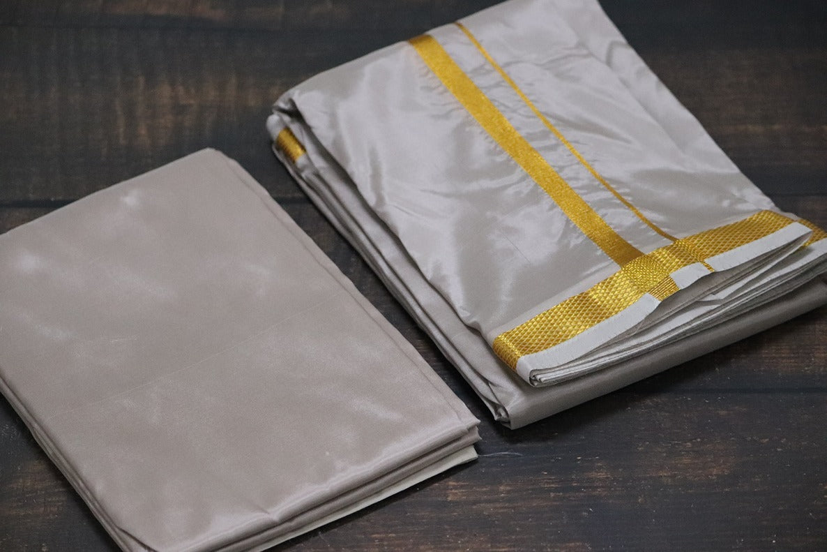 Artsilk Starlight Grey Combo Set (Shirt Fabric+Dhoti) with Gold Border