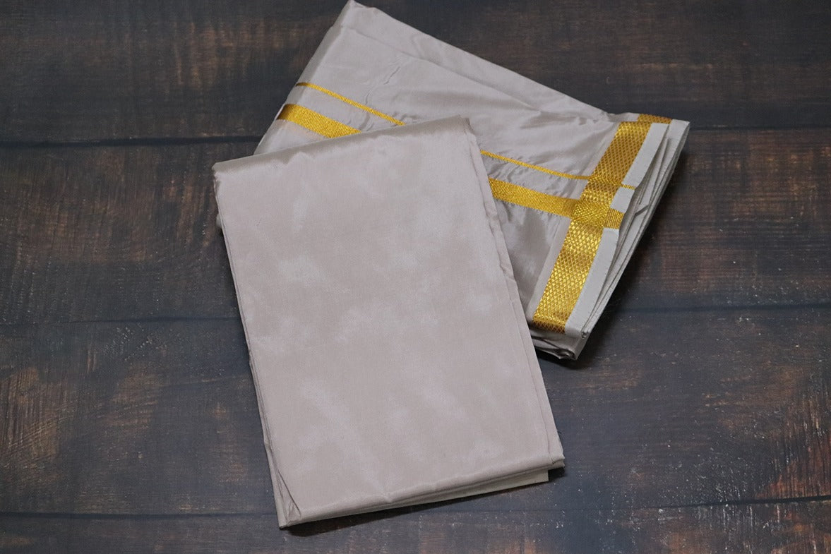 Artsilk Starlight Grey Combo Set (Shirt Fabric+Dhoti) with Gold Border
