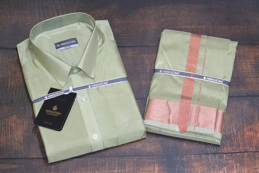 Artsilk River Green Shirt + Green Dhoti with 100k Copper Dhoti