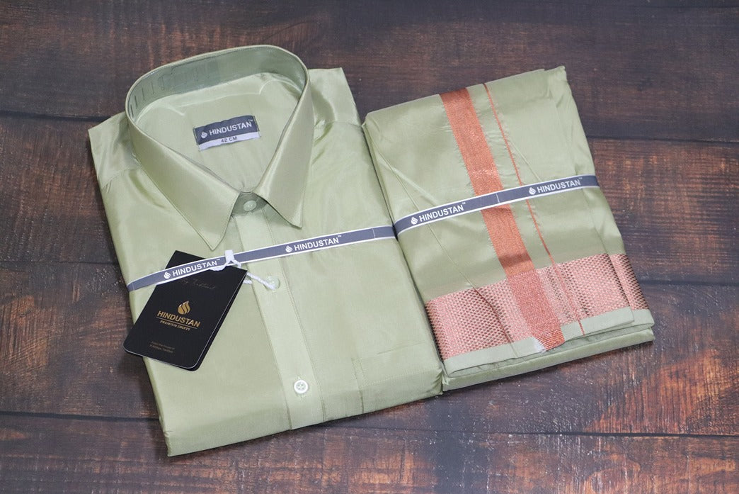 Artsilk River Green Shirt Green Dhoti with 100k Copper Dhoti