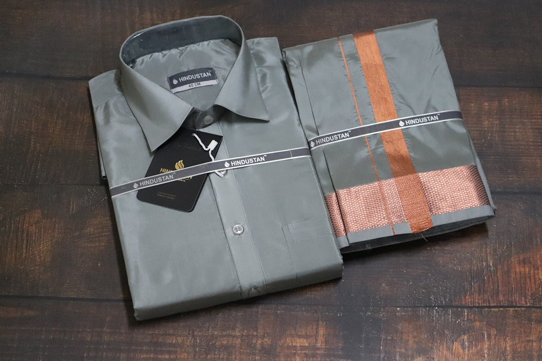 Artsilk Steel Grey Shirt + Grey Dhoti with 100k Copper Border - Full Sleeve