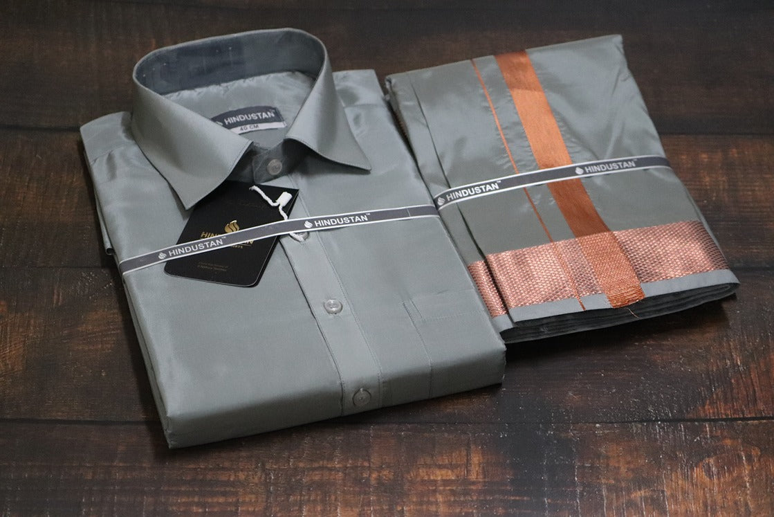 Artsilk Steel Grey Shirt + Grey Dhoti with 100k Copper Border - Full Sleeve