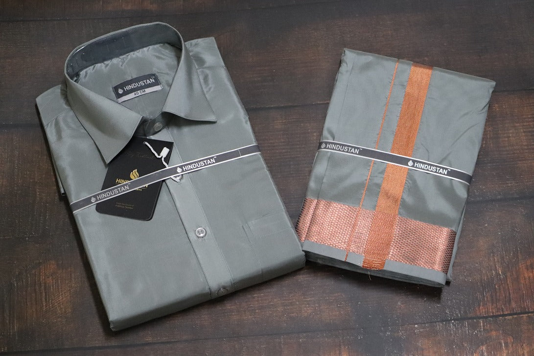 Artsilk Steel Grey Shirt + Grey Dhoti with 100k Copper Border - Full Sleeve