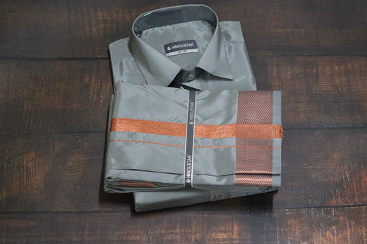 Artsilk Steel Grey Shirt + Grey Dhoti with 100k Copper Border - Full Sleeve