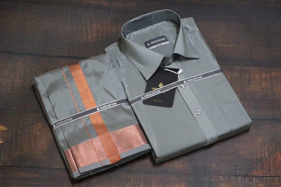 Artsilk Steel Grey Shirt + Grey Dhoti with 100k Copper Border - Full Sleeve