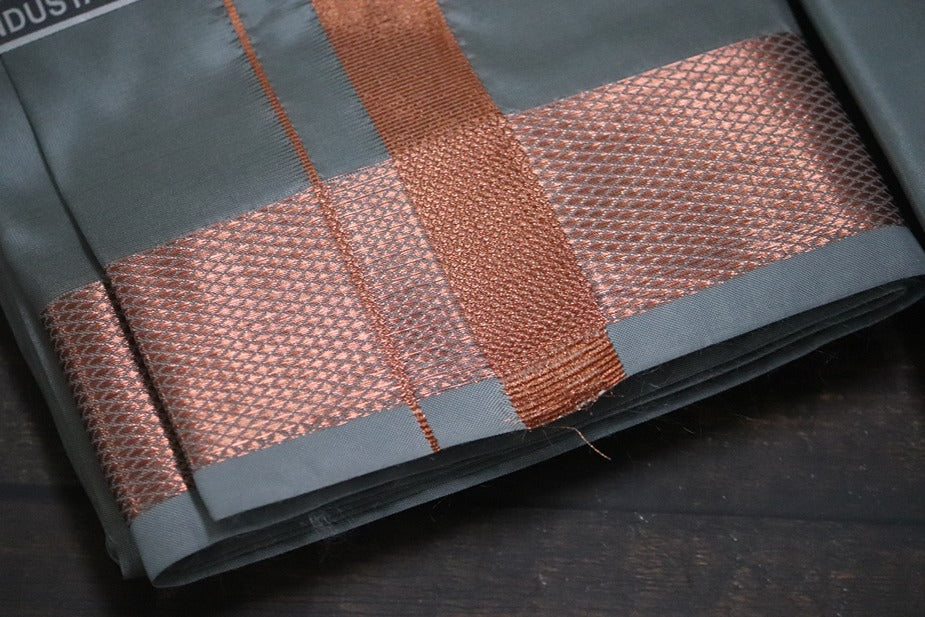 Artsilk Steel Grey Shirt + Grey Dhoti with 100k Copper Border - Full Sleeve