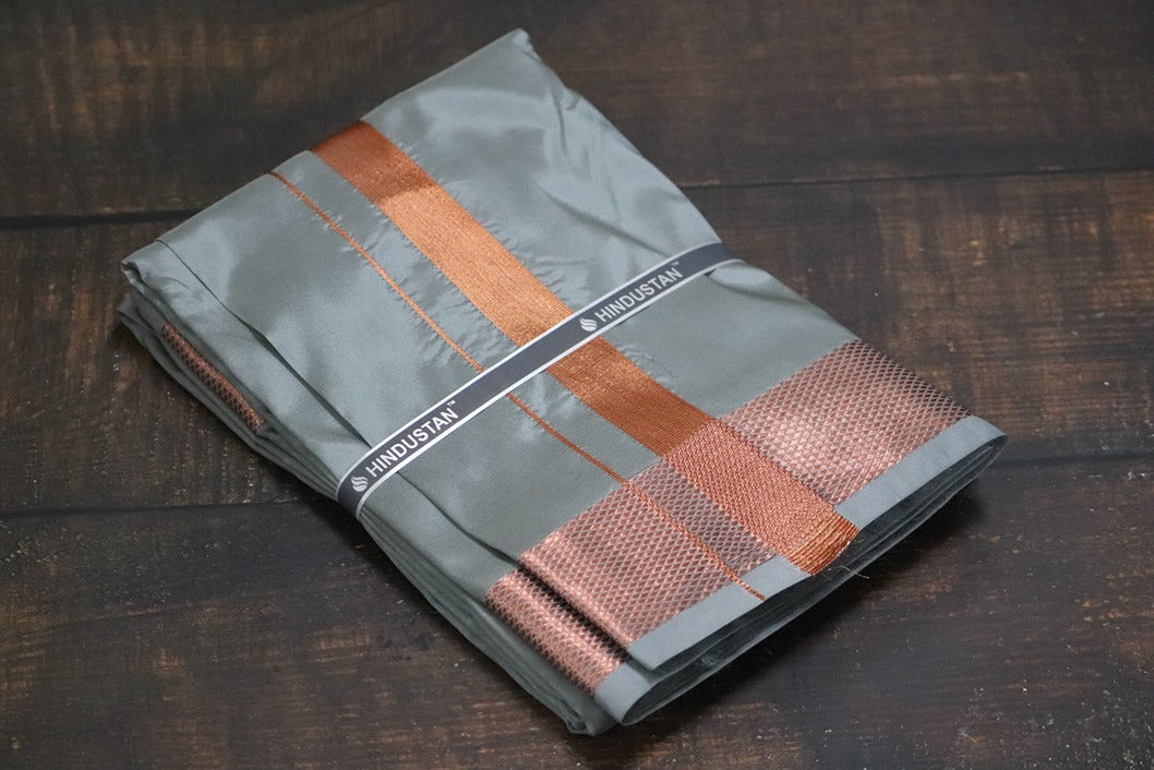 Artsilk Steel Grey Shirt + Grey Dhoti with 100k Copper Border - Full Sleeve