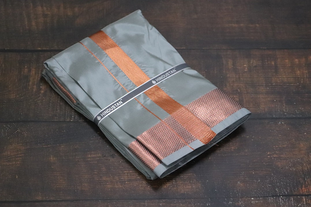 Artsilk Steel Grey Shirt + Grey Dhoti with 100k Copper Border - Full Sleeve