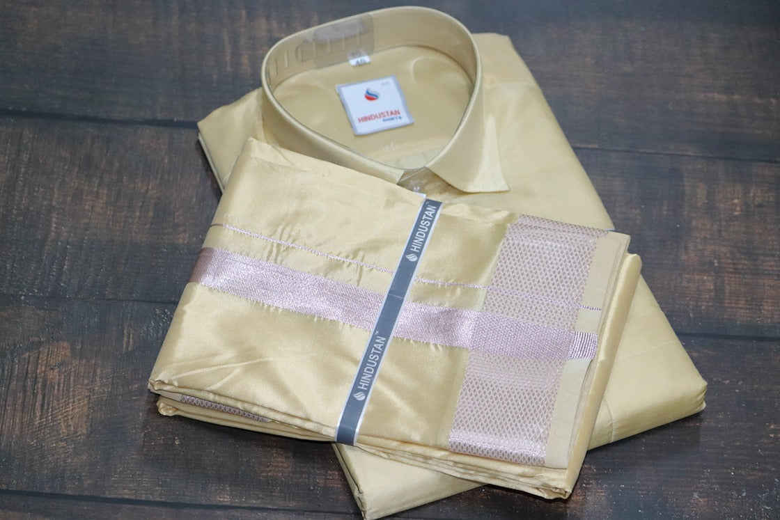 Artsilk Bright Gold Shirt + Gold Dhoti with 100k Onion Silver Dhoti Set - Full Sleeve