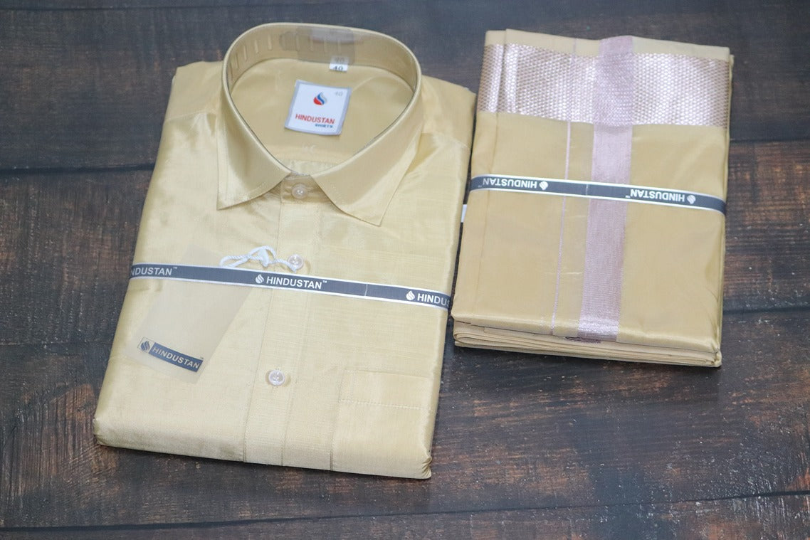 Artsilk Bright Gold Shirt + Gold Dhoti with 100k Onion Silver Dhoti Set - Full Sleeve