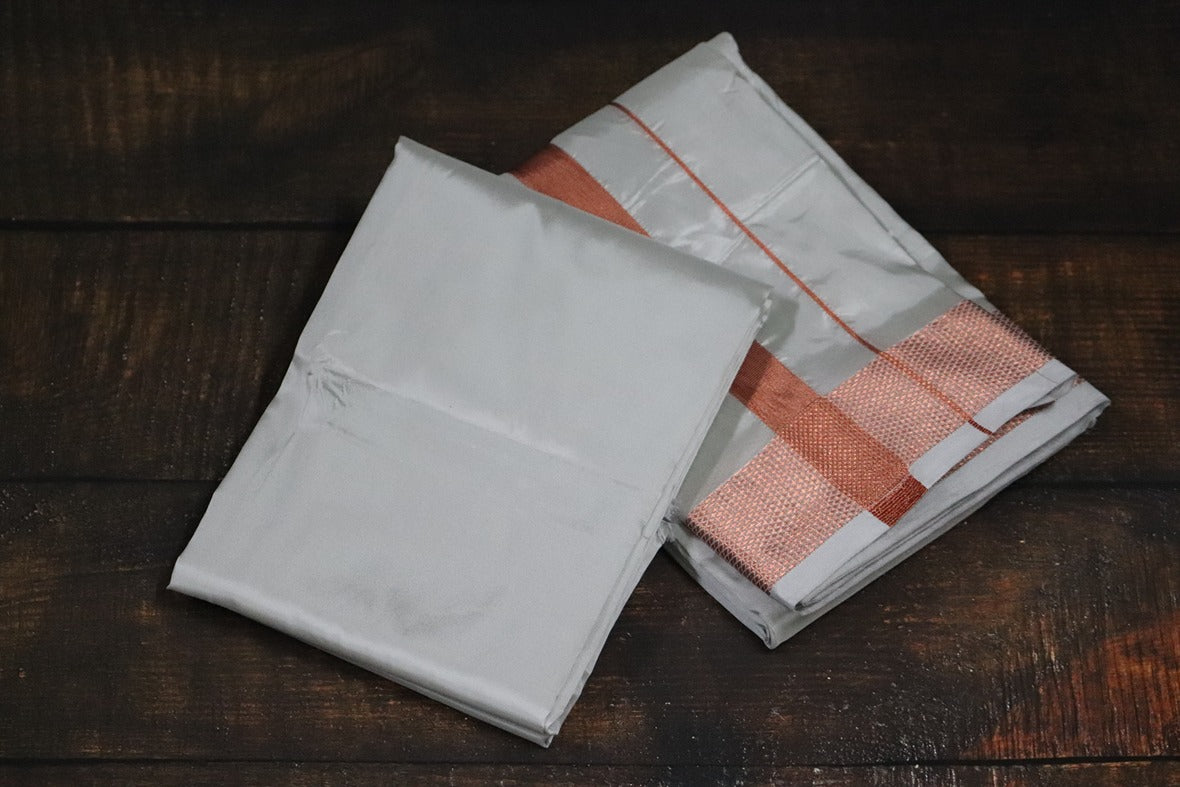 Artsilk Smoke Grey Combo Set (Shirt Fabric+Dhoti) with 100k Copper Border
