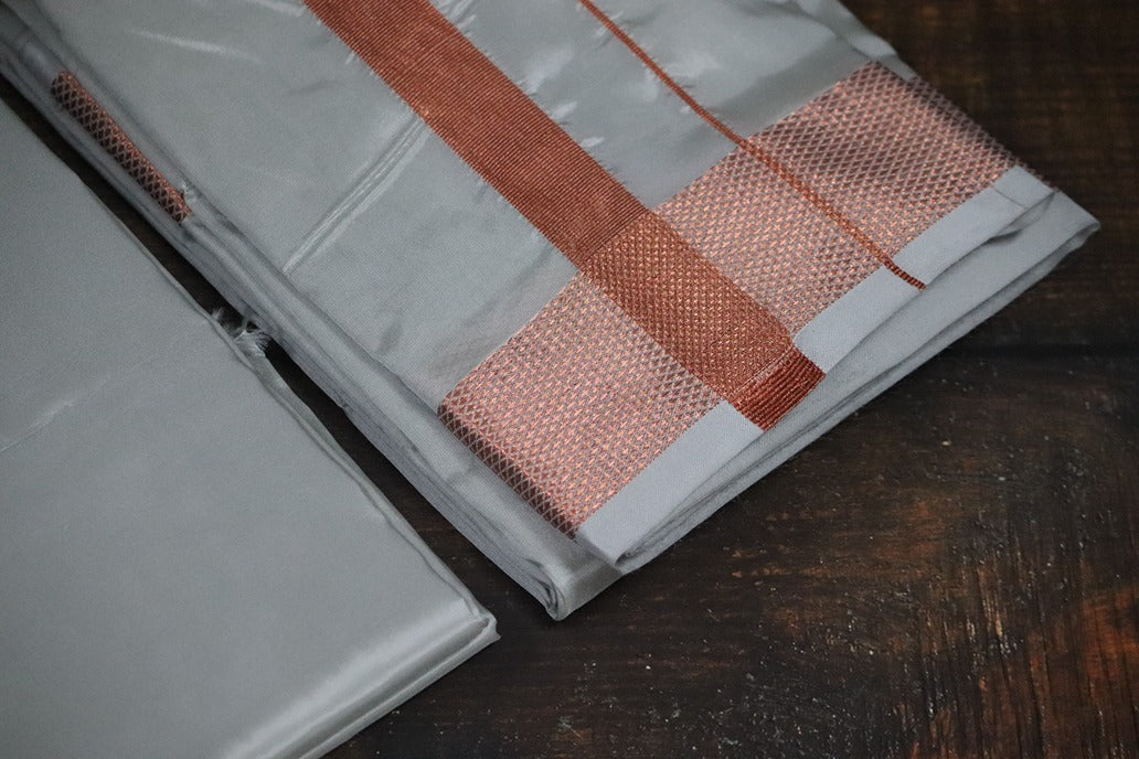 Artsilk Smoke Grey Combo Set (Shirt Fabric+Dhoti) with 100k Copper Border
